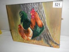 An unframed oil on canvas of a cockerel and a hen.
