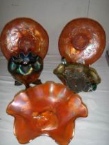 6 pieces of carnival glass.