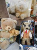 A boxed meercat, a teddy bear and a cat.