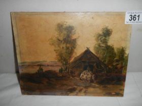 An unframed oil on wood rural scene, signed but indistinct.