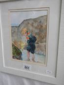 A framed and glazed watercolour of a boy in a rock pool, 36 x 31 cm, COLLECT ONLY.