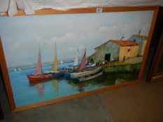 A harbour scene painting, 106 x 65 cm COLLECT ONLY.