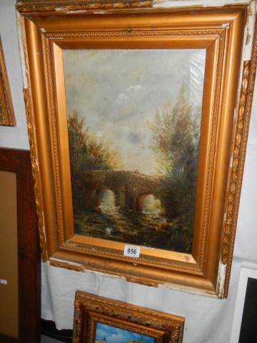 A gilt framed oil on canvas bridge scene, frame a/f, 62 x 47 cm, COLLECT ONLY.