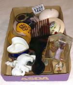 A tray of miscellaneous items including glazed bisque elephant
