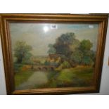 A signed oil on board river scene with bridge, COLLECT ONLY, 49.5 X 59.5 cm