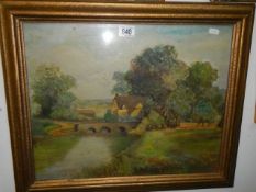 A signed oil on board river scene with bridge, COLLECT ONLY, 49.5 X 59.5 cm