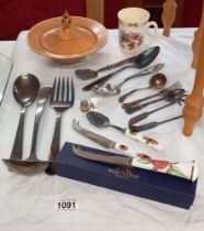 A quantity of cutlery including boxed royal worcester cheese knife & stylised wooden lidded bowl