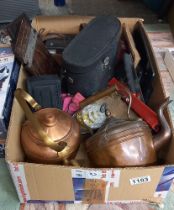 2 Copper kettles, binoculas, cameras etc