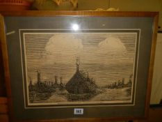 A framed and glazed print of Viking ships returning to port, COLLECT ONLY.