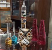 An art glass owl & vases etc