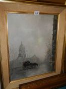 A mid 20th century oil on board of a coach by St. Paul's Cathedral, 54 x 64 cm, COLLECT ONLY.