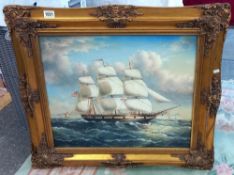 A gilt framed oil on canvas of a tall ship in sail, frame A/F COLLECT ONLY.