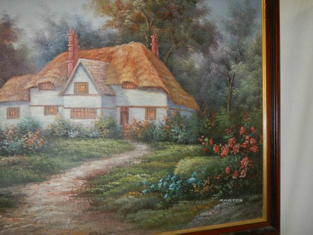 A oil on board thatched cottage scene signed Marten, 69 x 100 cm, COLLECT ONLY. - Image 2 of 2