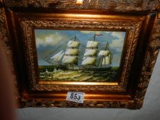 A gilt framed oil on canvas tall ship in full sail study, 25 x 30 cm. COLLECT ONLY.