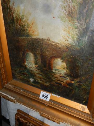 A gilt framed oil on canvas bridge scene, frame a/f, 62 x 47 cm, COLLECT ONLY. - Image 2 of 2