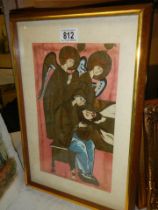 A framed and glazed watercolour depicting Angels over the body of Christ. COLLECT ONLY.