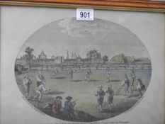 A framed and glazed oval cricket related engraving, 42 x 32 cm COLLECT ONLY.