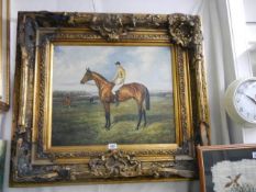 A gilt framed oil on canvas horse and jockey scene, frame a/f, 83 x 94 cm, COLLECT ONLY.