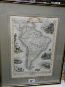 A framed and glazed engraving of a map of South America printed by J F Tallis, COLLECT ONLY.