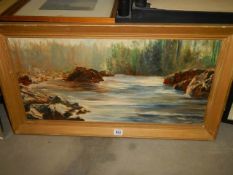 An oil on board painting of a river scene, 90 x 50 cm, COLLECT ONLY.