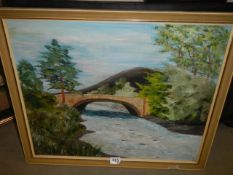 An oil on canvas river scene with bridge, 67 x 56 cm COLLECT ONLY.