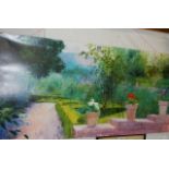 An unframed garden scene print, 49 x 99 cm, COLLECT ONLY.