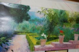 An unframed garden scene print, 49 x 99 cm, COLLECT ONLY.