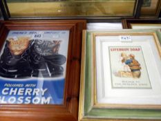 Two framed and glazed posters - Lifebuoy soap and Cherry Blossom. 33.5 x 28.5 cm and 41.7 x 36 cm,