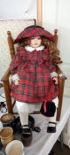A good large Alberon bisque head Doll in Scottish clothing with vintage chair COLLECT ONLY