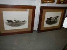 A pair of framed and glazed ploughing prints, 64 x 76 cm, COLLECT ONLY.