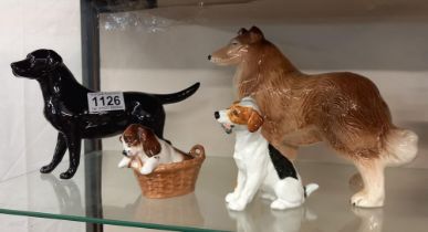 A Beswick Labrador, 2 Royal Doulton dog figures & a Melba Lassie dog