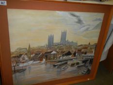 An oil on board painting of Lincoln Cathedral from the Brayford, signed Olive M Thickett, 91 x 78 cm