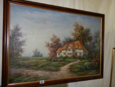 A oil on board thatched cottage scene signed Marten, 69 x 100 cm, COLLECT ONLY.