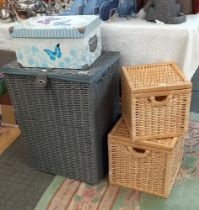 A wash basket, 2 wicker lidded baskets & decorative box COLLECT ONLY