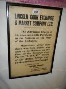 A framed and glazed Lincoln Corn Exchange poster, 56 x 32.5 cm COLLECT ONLY.