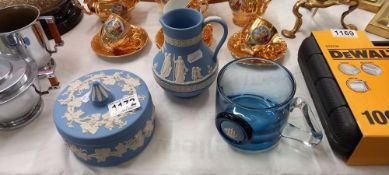 A blue glass mug with Wedgwood blue Jasperware seal & 2 other pieces