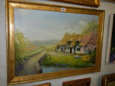 An oil on canvas thatched cottage scene signed M Capewell, 59 x 42 cm, COLLECT ONLY.