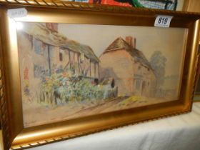 A late Victorian framed and glazed watercolour of cottages, signed Lucas 1893. 40.5 x 23 cm,
