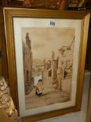 A framed and glazed continental scene watercolour signed W S E Hancock. COLLECT ONLY.