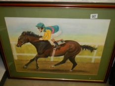 An original framed and glazed watercolour of a horse with jockey, 79 x 61 cm, COLLECT ONLY.