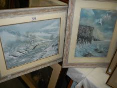 A framed and glazed watercolour winter scene signed B McDermot and a seascape, 60 x 45 cm. COLLECT