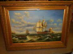 A gilt framed oil on canvas painting of a tall ship in full sail, 117 x 88 cm, COLLECT ONLY.
