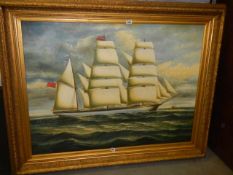 A gilt framed oil on canvas painting of a tall ship in full sail, 150 x 120 cm, COLLECT ONLY.