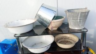 2x Shelves of enamel, Galvanised & Masons pot