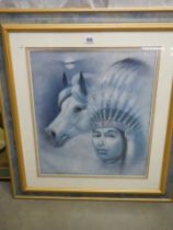 A framed and glazed print featuring a Native American with horse, 80 x 88 cm, COLLECT ONLY.