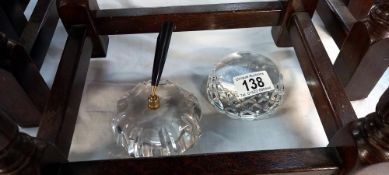 A vintage heavy cut glass paperweight pen stand & 1 other