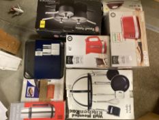 8 items of Homewares, boxed Iron, kettle, toaster, pan set, 2 griddles a flask and pan hanger boxed