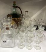 a chianti flaggon, 2 x dimple bottles and 2 decanters plus 10 etched glasses