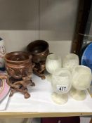 2 Wooden puzzle stands, carved bowls and 4 hard stone goblets