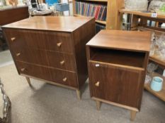 A mid century teak chest of 3 drawers & bedside cupboard